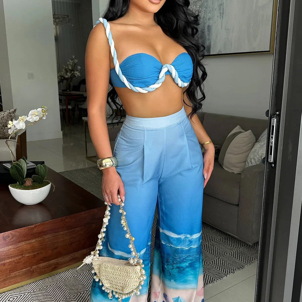 Summer Women's Set Beach Print Sleeveless Strapless Tops +Wide Leg Pants Suits Street Two 2 Piece Sets Bohemian Outfits