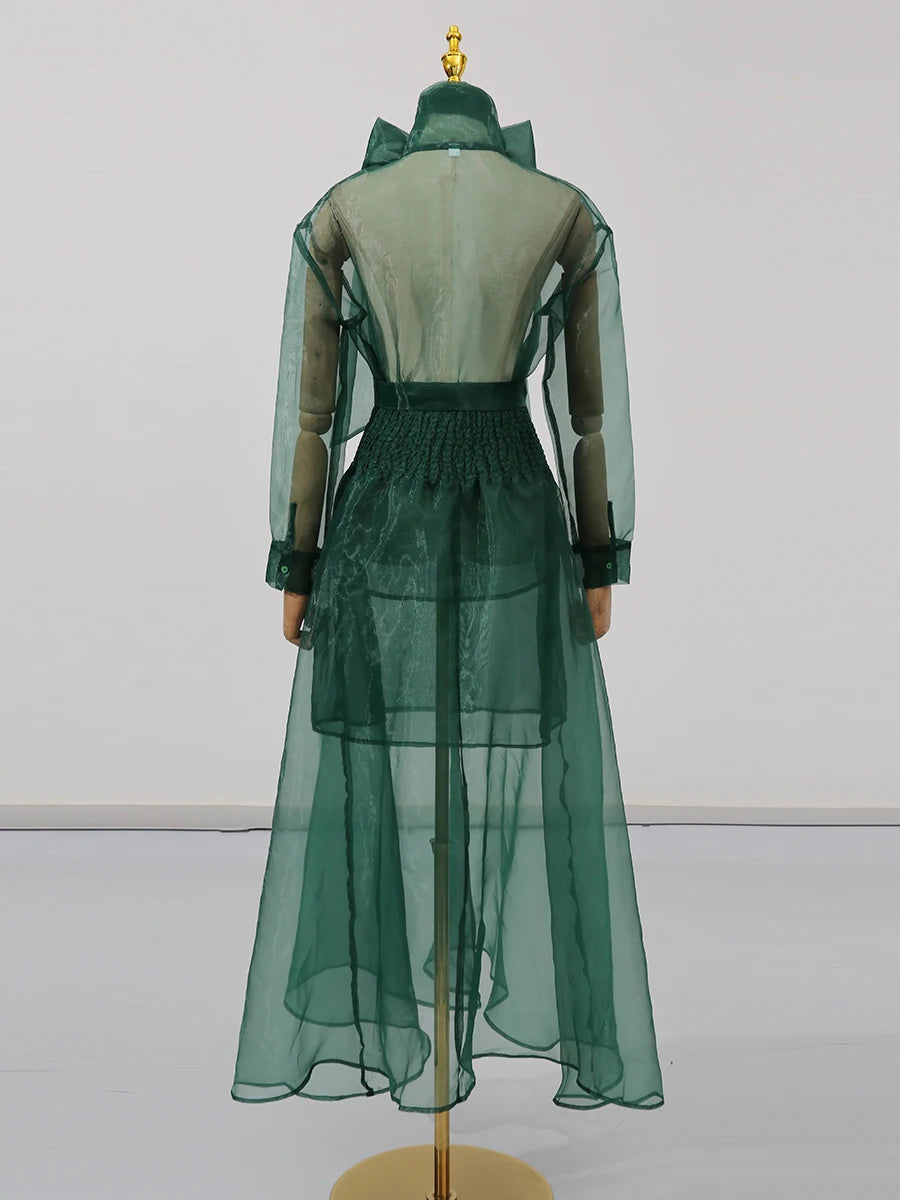 Solid Sheer Two Piece Sets for Women Round Neck Long Sleeves Spliced Bowknot Top High Waist Skirt Set Female New