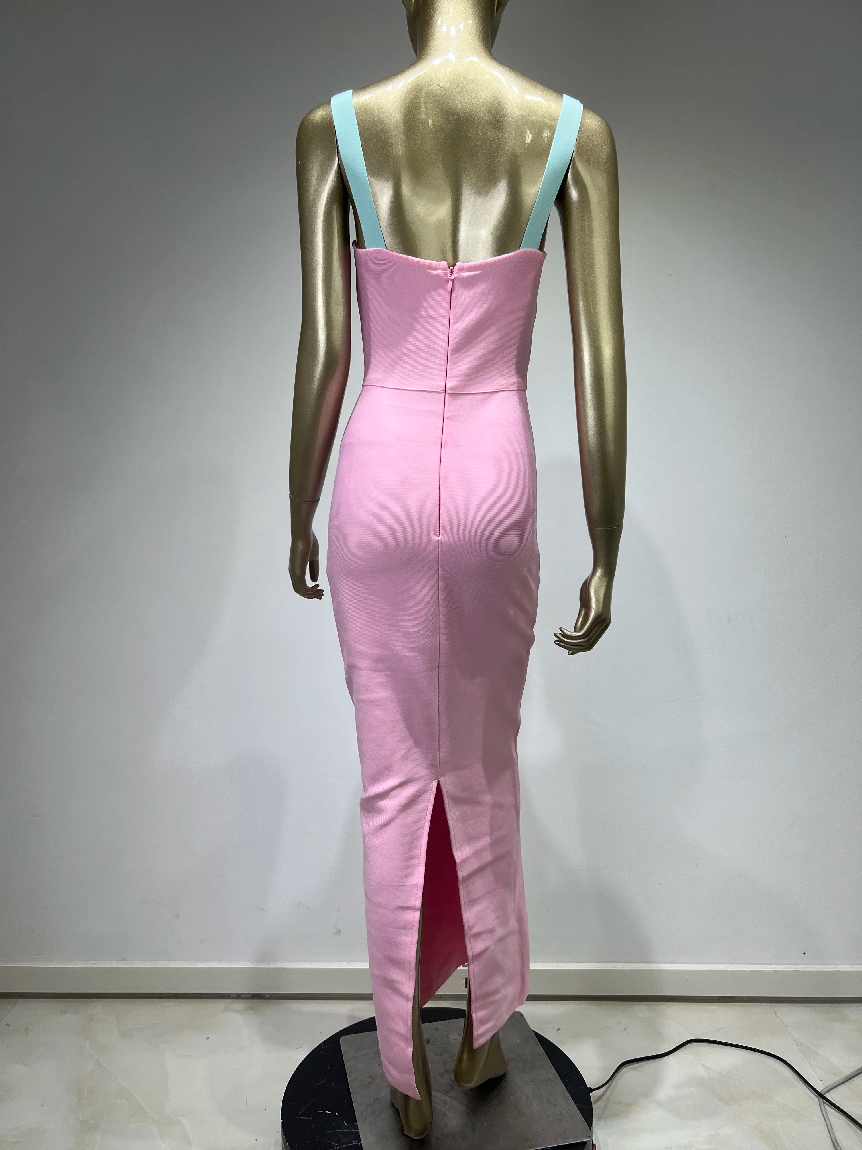 Women Summer Fashion Sexy V Neck Pacthwork Pink Maxi Long Bandage Dress 2023 Celebrity Elegant Evening Club Party Dress