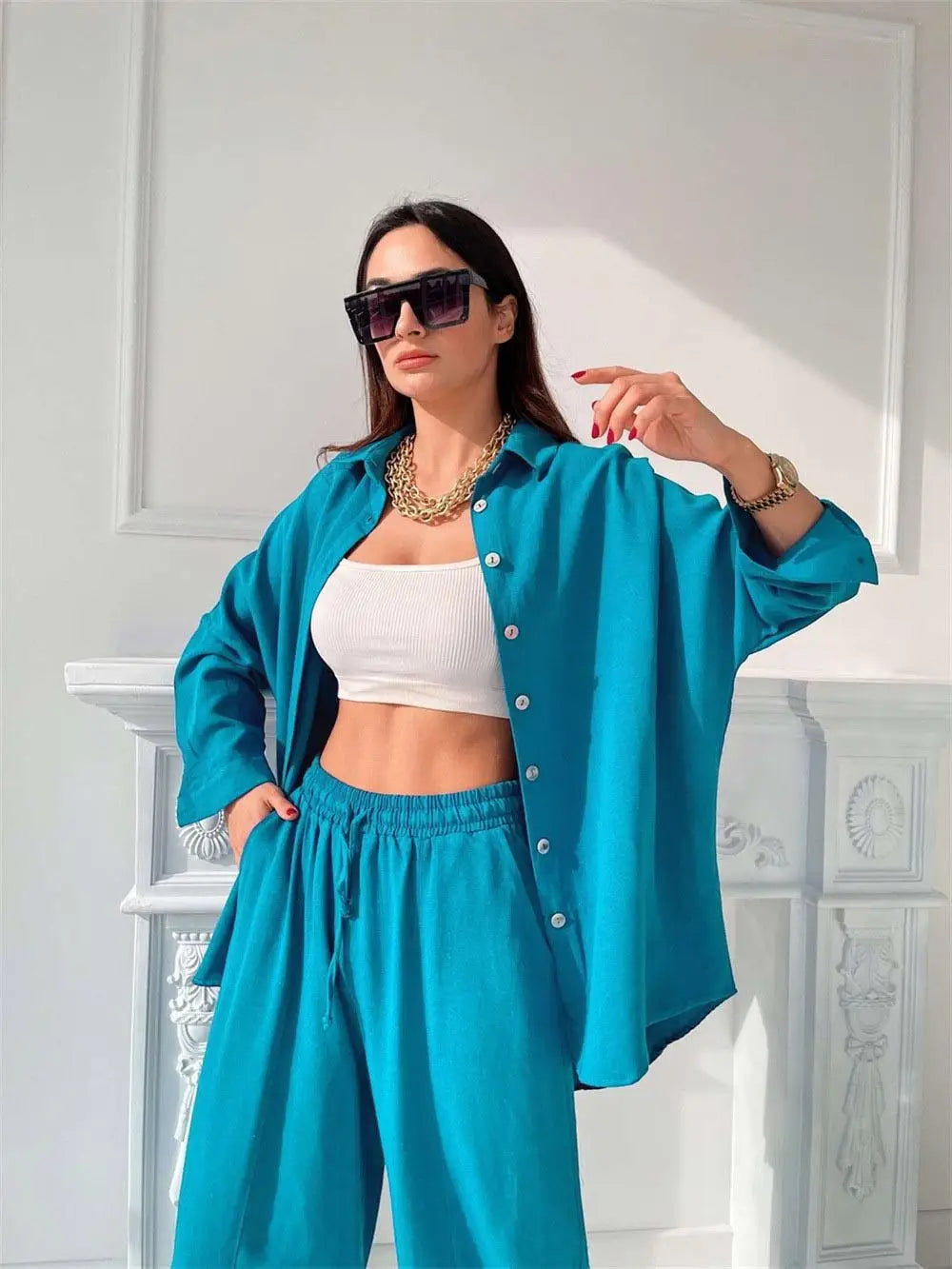 Women's Summer Suit with Pants Summer Loose Wide Leg Trousers Elegant Two Piece Suit Set for Women Buttons T-shirts Outifit