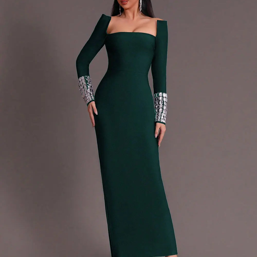 2025 New Women'S Elegant Bandage Dresses Square Neck Long Sleeved Nail Bead Design Bodycon Long Dress Evening Party Vestidos