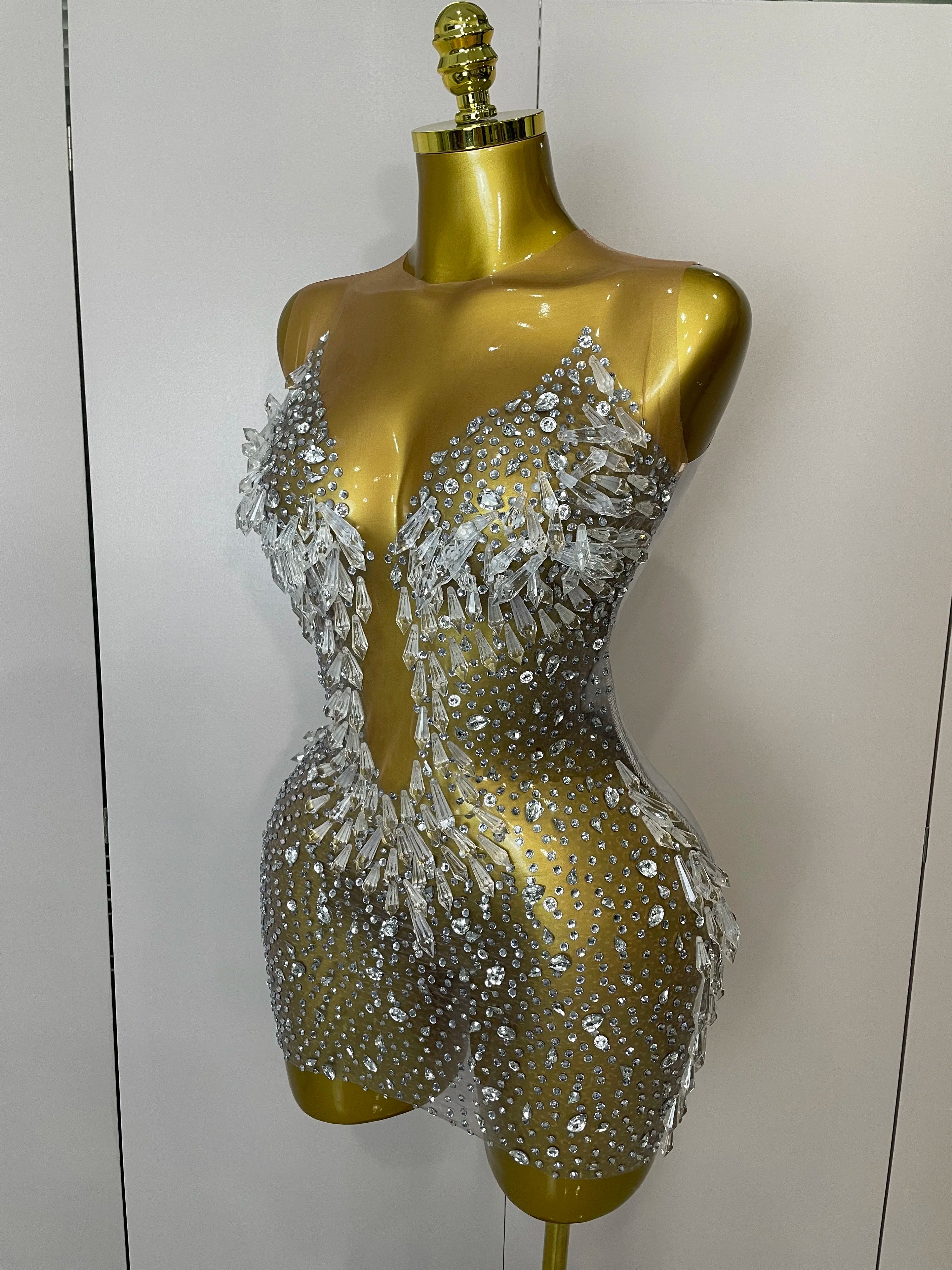 Stock 2025Women Luxury Sexy Mesh Crystal Diamonds Mini Dress Birthday Party Costume Nightclub Stage Performance Singer Outfit