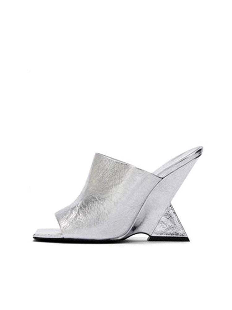 Women's New Summer High-heeled Diagonal Heeled Square Sandals, Fashionable Thick Heeled Slope Heel Large Silver