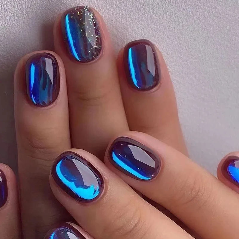 24Pcs Fashion Gradient Blue Fake Nail with Jelly Glue Wearable Short Square Head False Nails Finished Nail Tips Press on Nails 1079