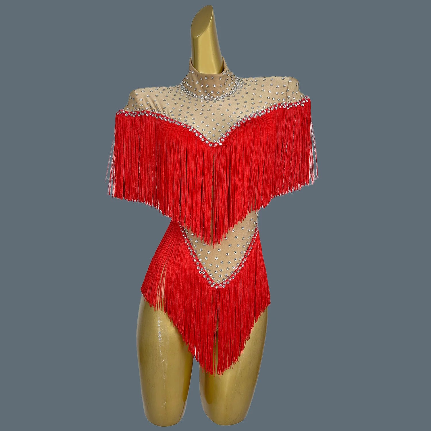 Nightclub Show Stage Performance Costume Rhinestone Red Tassel Bodysuit Women's Sexy Dance Leotard Dance Troupe Outfit Caizhuang Red