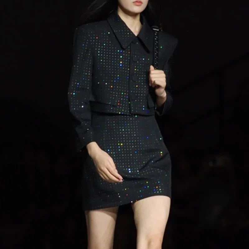 Slimming Spliced Hot Fix Two Piece Sets for Women Lapel Long Sleeves Patchwork Single Breasted Top Skirt Set Female