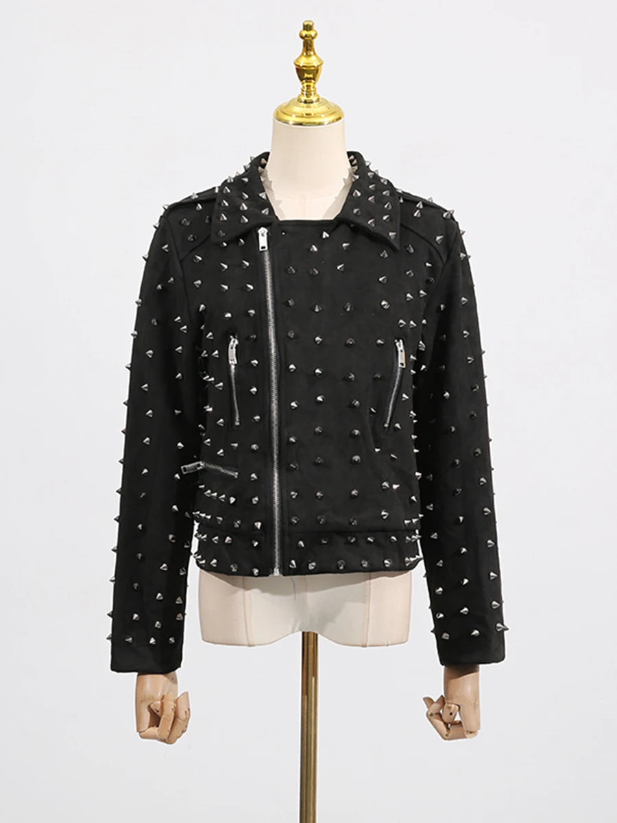 Solid Spliced Zippers Casual Jackets for Women Lapel Lomg Sleeves Patchwork Rivets Luxurious Jacket Femlae Fashion BLACK