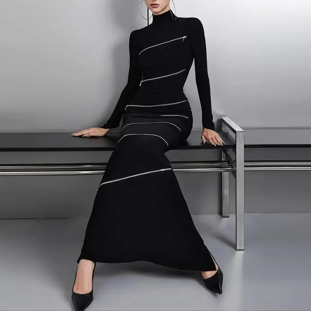Solid Slimming Spliced Zipper Dress for Women Stand Collar Long Sleeve High Waist Dresses Female Temperament Style