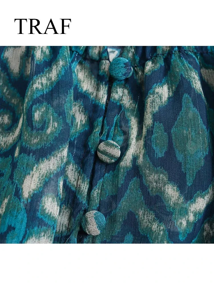 TRAF New Women Long Skirt Set Casual Long Sleeve Print Shirts + High Waist Slim Ankle-Length Skirts Set