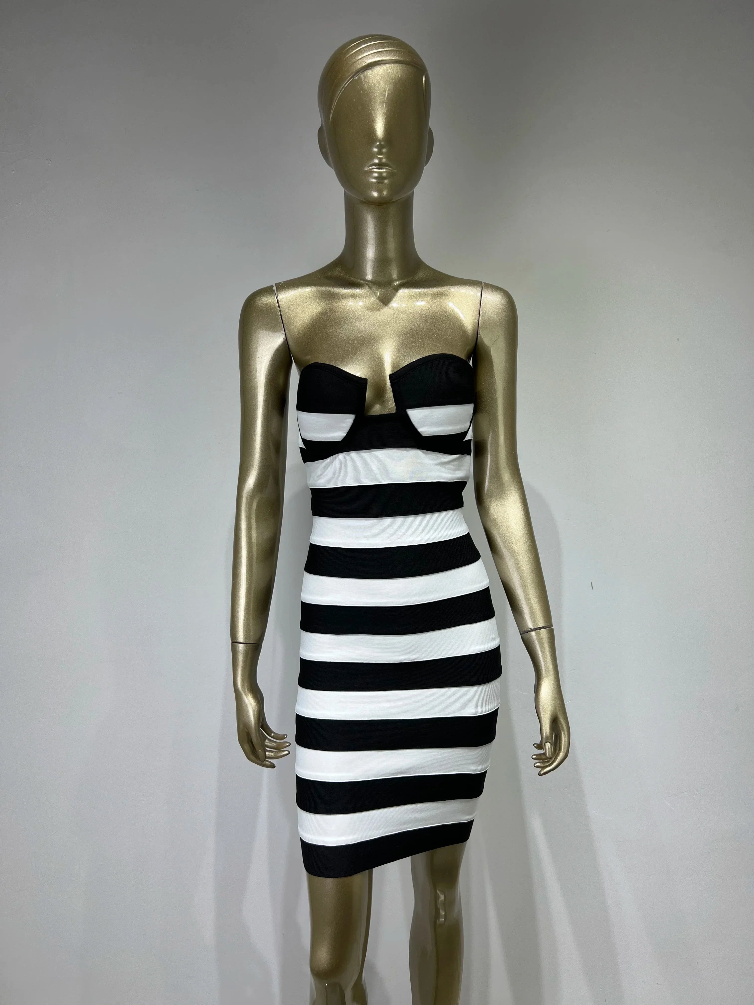 Women Summer Sexy Strapless Backless Striped Mini Bodycon Mini Bandage Prom Dress Elegant Evening Cocktail Party Dresses