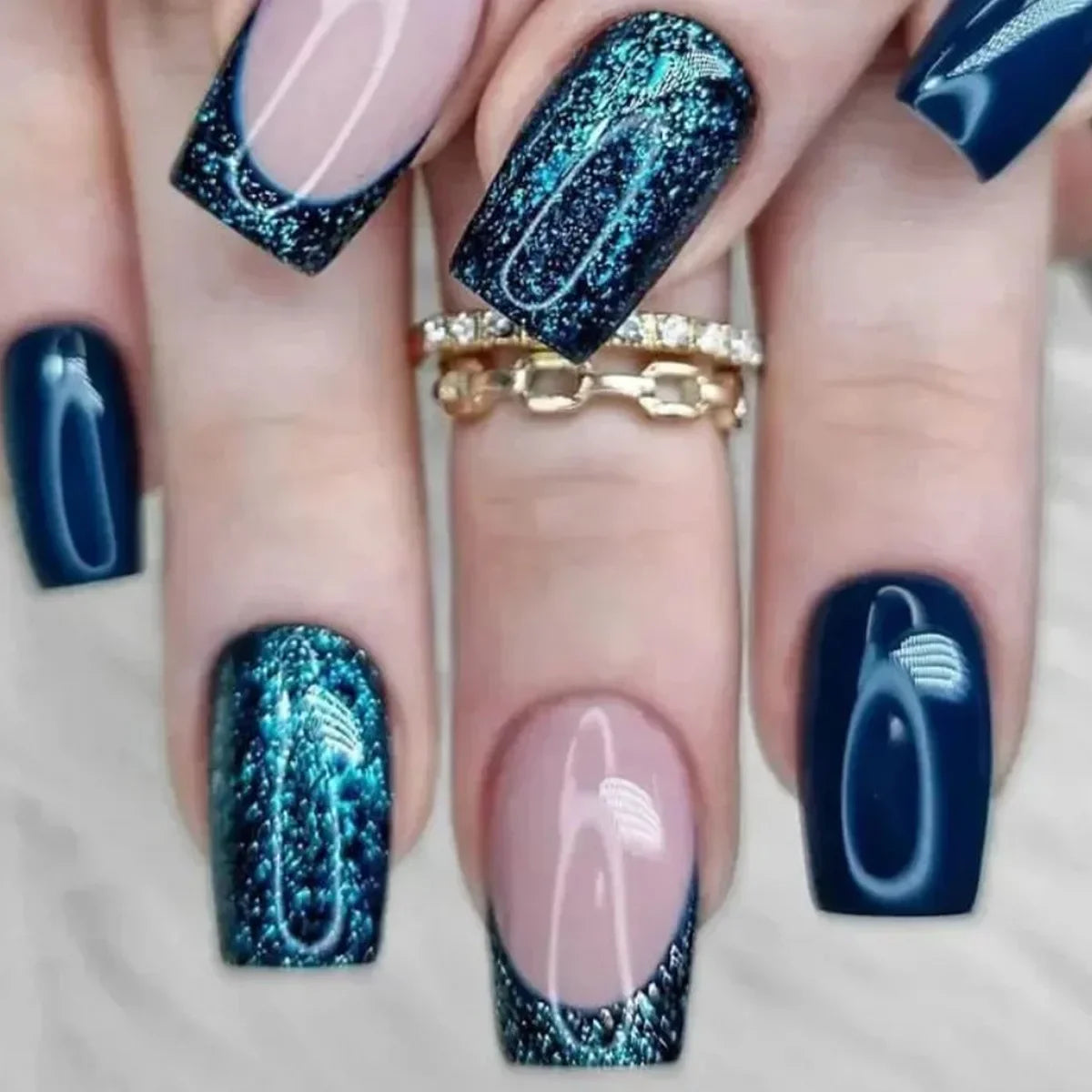 24pcs French Press on Nails Blue False Nails Wearable Stick-on Nails Fake Nail Uñas Postizas Накладные Ногти Faux Ongles 네일팁 4