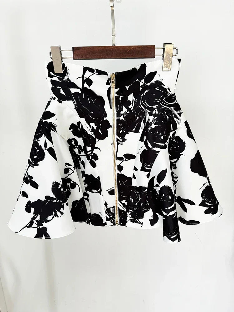 HIGH STREET Newest Runway Designer Fashion Women's Metal Rose Buttons Printed Floral Mini Skirt