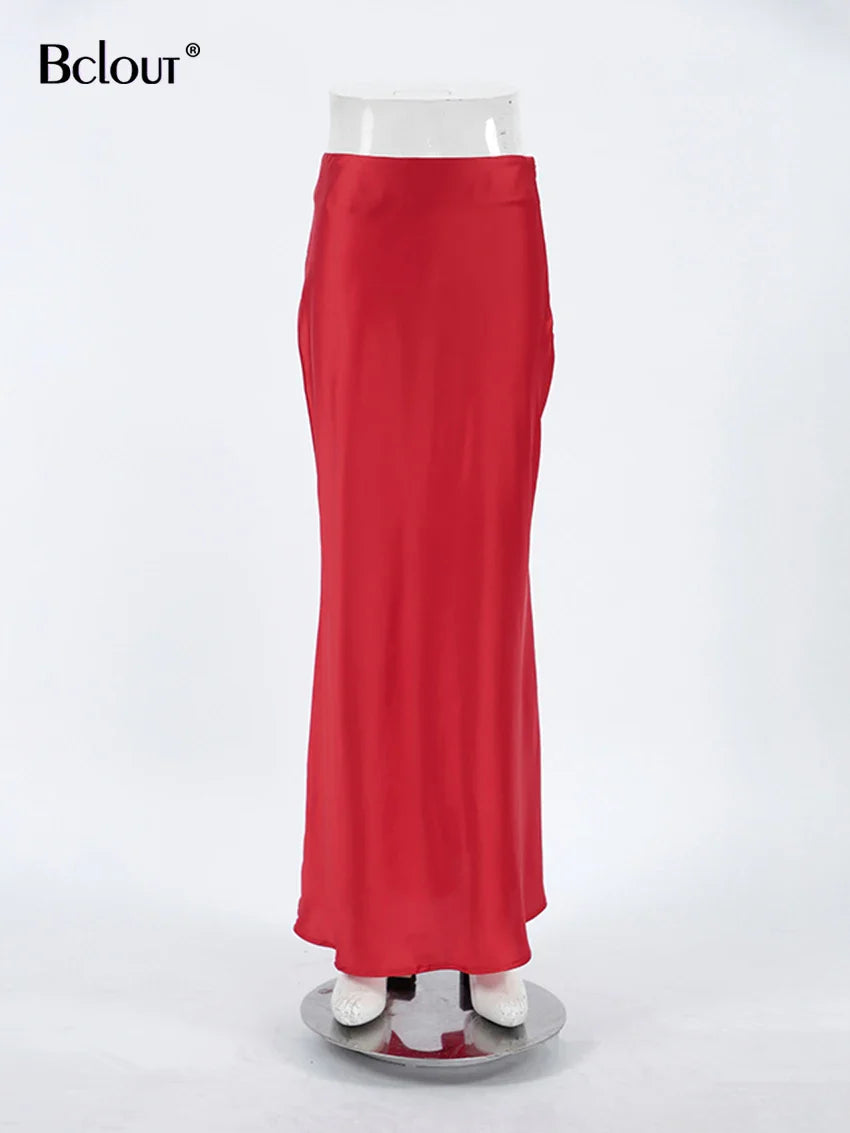 Bclout Fashion Satin Red Skirts Women Elegant Solid High Waist Office Lady Skirts Vintage Thin Party Slim Long Skirts Sexy