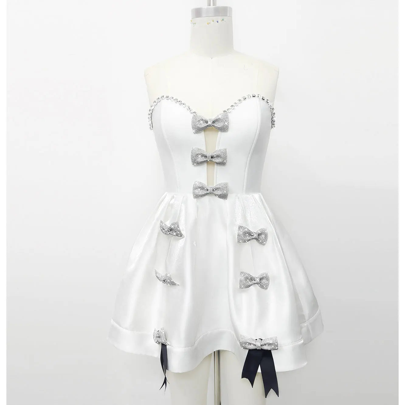 2025 Spring Women's White Puff Dress Strapless Sleeveless Three Dimensional Bow Design A-line Mini Dress Evening Party Vestidos WHITE