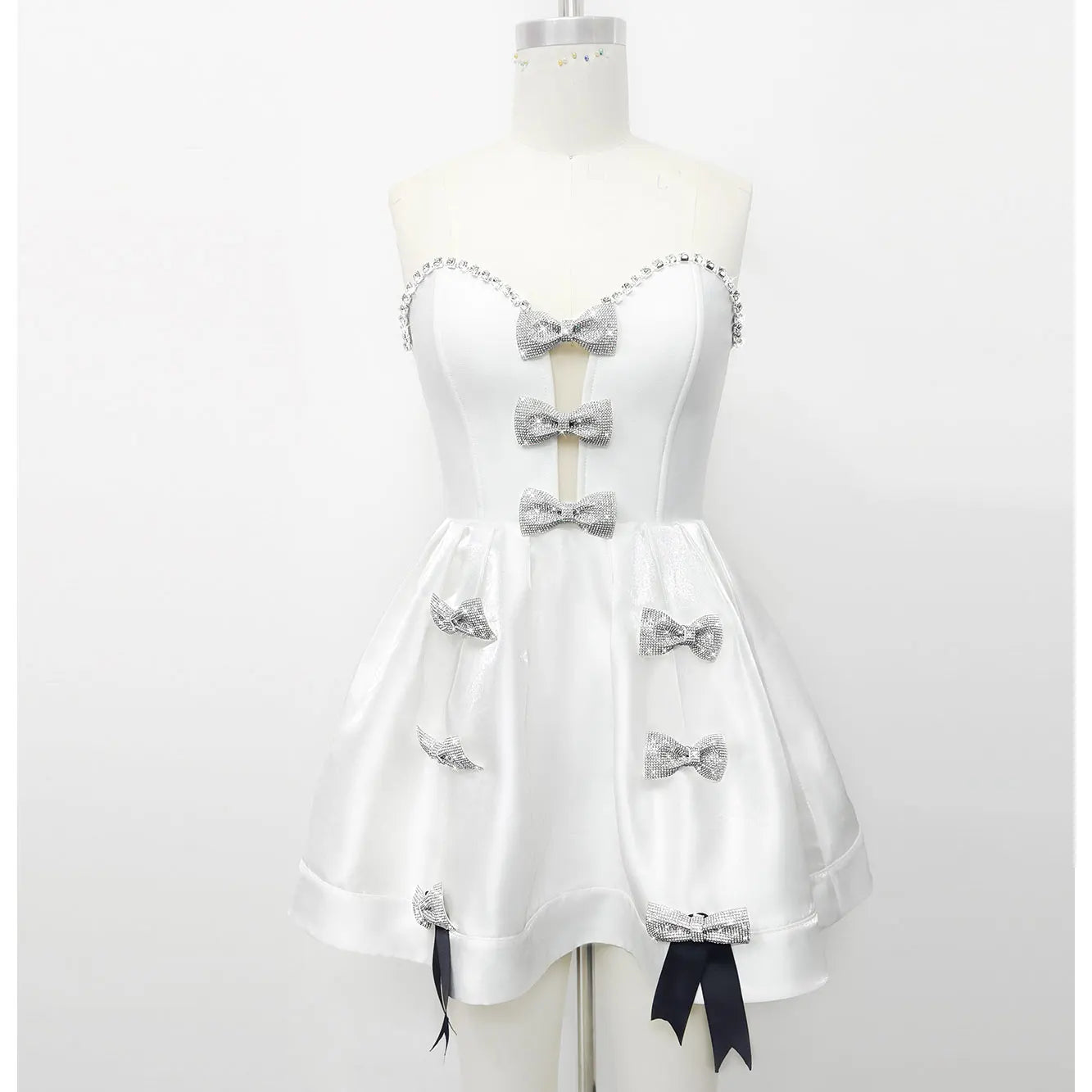 2025 Spring Women's White Puff Dress Strapless Sleeveless Three Dimensional Bow Design A-line Mini Dress Evening Party Vestidos WHITE