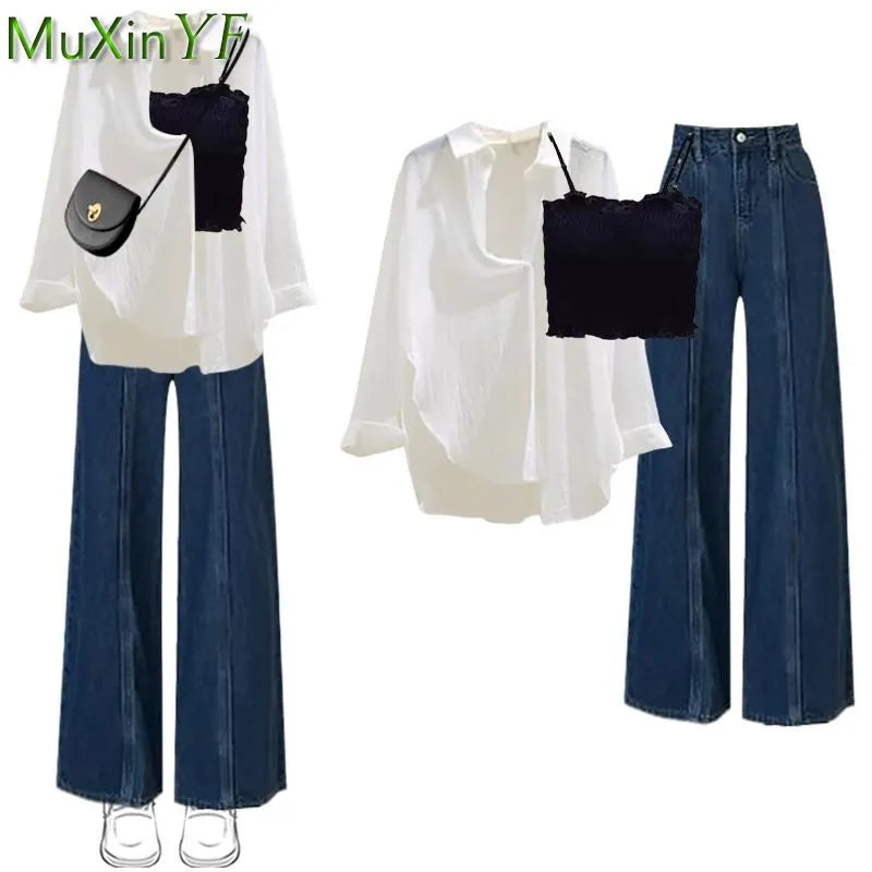 Women Wide Leg Denim Pants Spring Summer Casual White Thin Sun Shirt Sling Vest Jeans 3 Pieces Sets Lady Trousers Blouse Outfits
