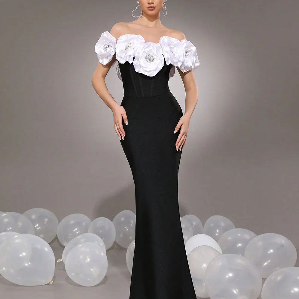 2025 Elegant Women's Light Luxury Flower Design Bandage Dresses One Collar Shoulder Bodycon Bareback Long Dress Party Vestidos