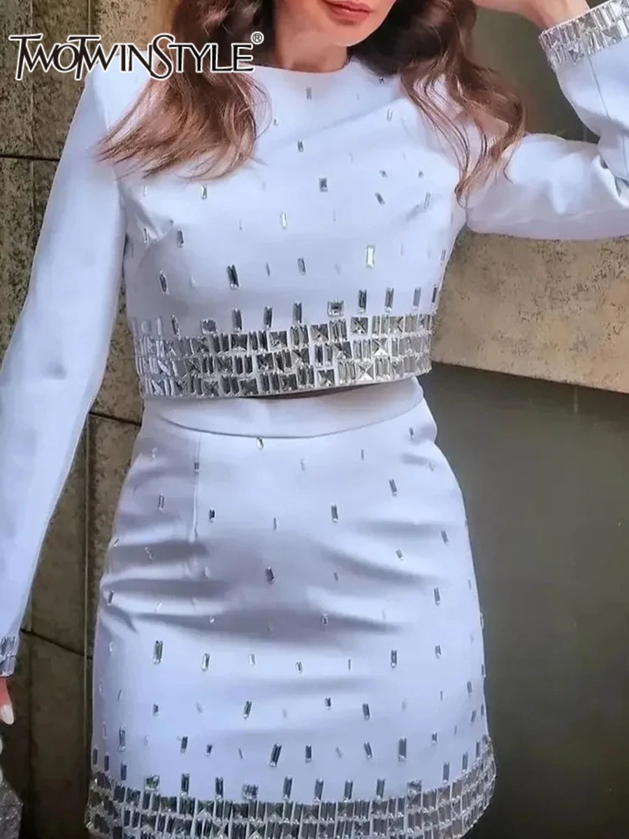 Solid Slimming Spliced Bead Two Piece Sets for Women Round Neck Long Sleeves Short Top High Wasit Skirt Set Female