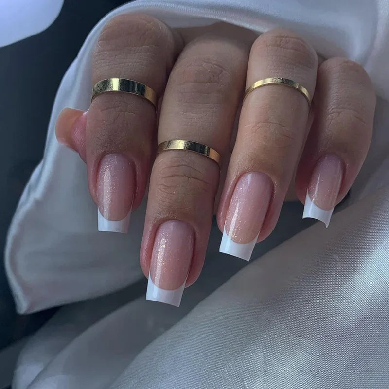 24Pcs White French Fake Nails Wearable Press on Nails Short Square False Nail art Artifical Finished Fingernails tips 497