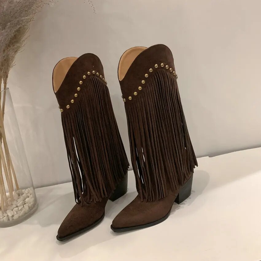 QUTAA 2024 Women Mid-Calf Boots Cow Suede Leather Thick High Heels Office Ladies Working Shoes Woman Autumn Winter Size 34-39