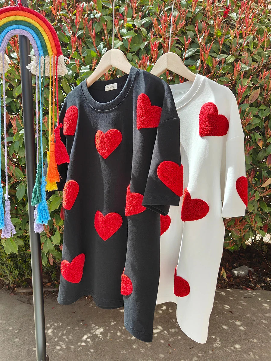 White 100% Cotton T-shirt for Women Summer Loose Oversized T-shirt with Heart Embroidery O-neck Pullovers Short Sleeve Tops