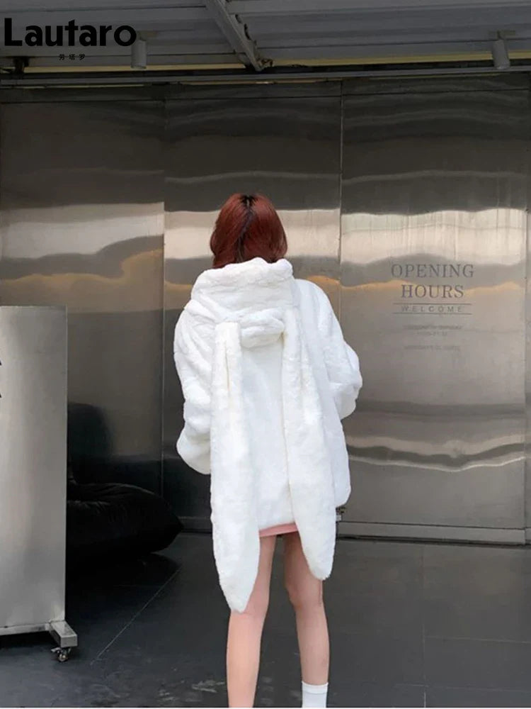 Winter Oversized Warm White Faux Fur Coat Women ith Bunny Ears Kawaii Sweet Cute Japanese Style Fluffy Jacket Hoodie