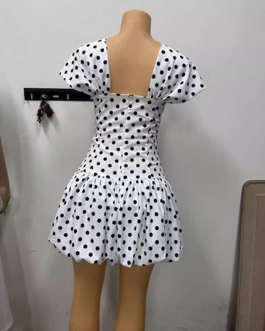 Women Dot Printed Draped Big Swing Waist Dress 2025 Short Sleeve Evening Sexy Club Party Evening High Street Dresses