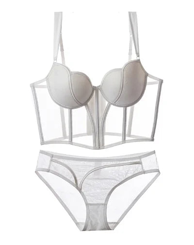 Women's Chic Mesh Fishbone Camisole Inner Wear Outer Wear Corset Crop Top Waist-Tight Sexy Bra White Black 2023 white sets