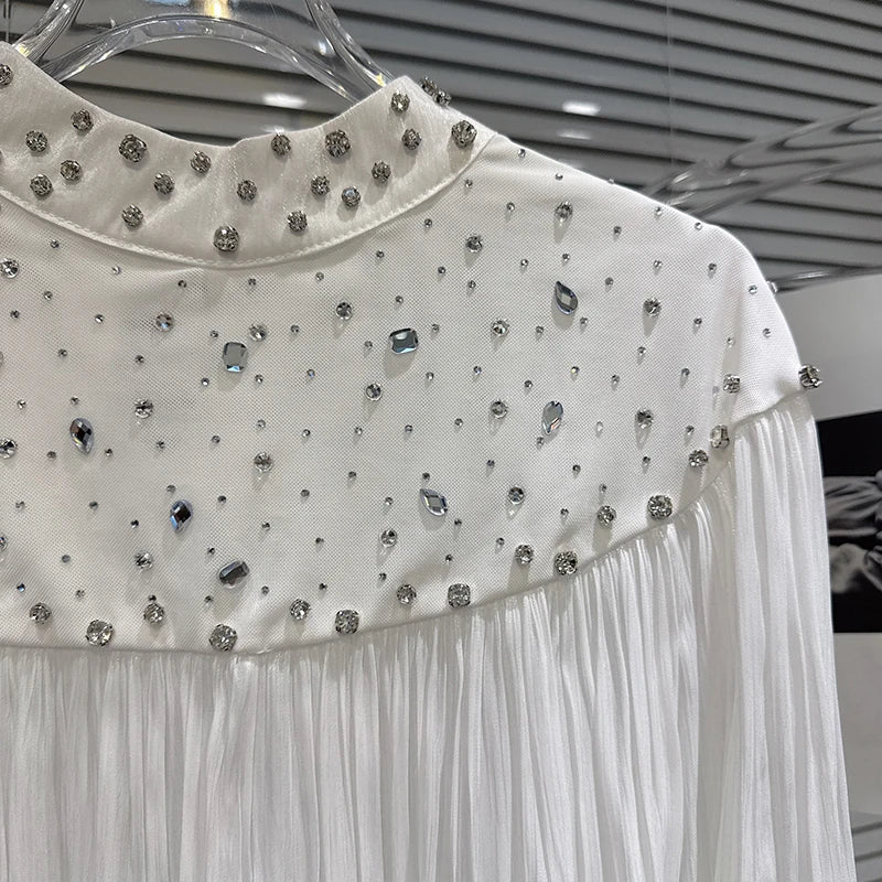 Winter New Fashion Diamond Design Loose Heavy Chiffon Blouse For Women Casual Versatile Shirts Female Trend 11A07689