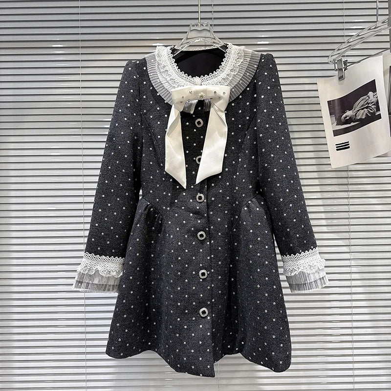 Winter New Fashion Style Diamond Bow Waist Woolen Quilted Trench Coat For Women Elegant Long Windbreaker 11A07557 Gray