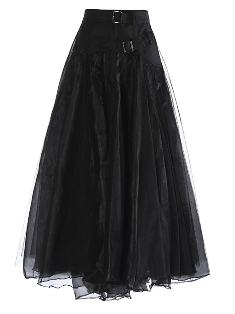 High Waist Khaki Buckle Irregular Mesh Long A-line Half-body Skirt Women Fashion Tide New Spring Autumn 1DH0633 Black