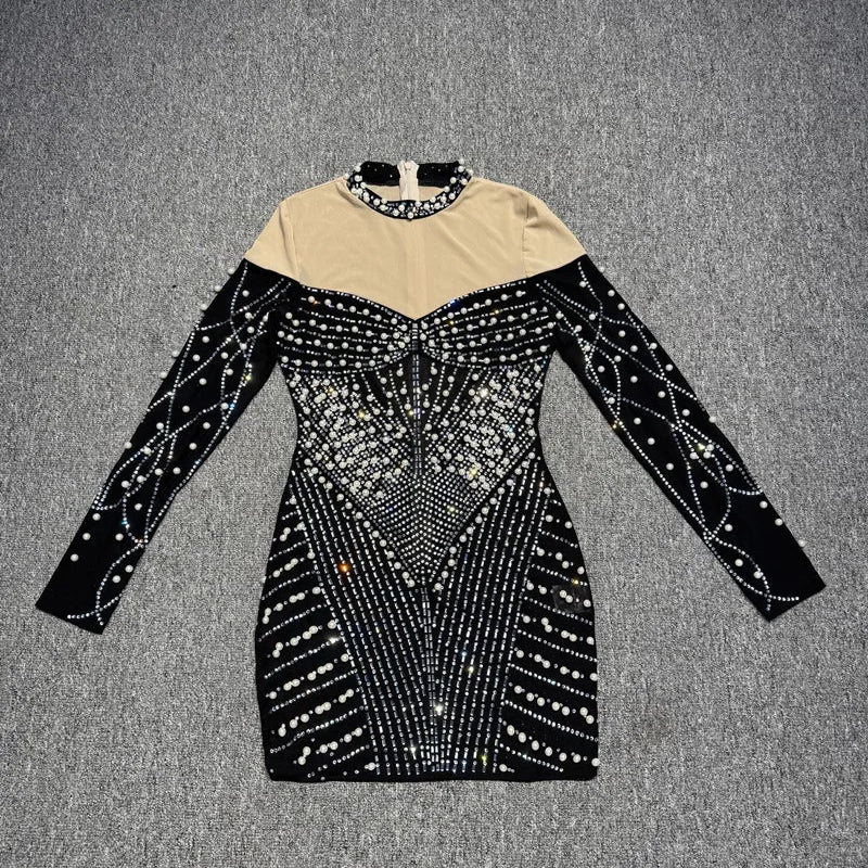 Women Long Sleeve Sexy Shinning Rhienstones Bodycon Mini Bandage Dress Nightclub Party Club Singer Celebrate Performance Costume