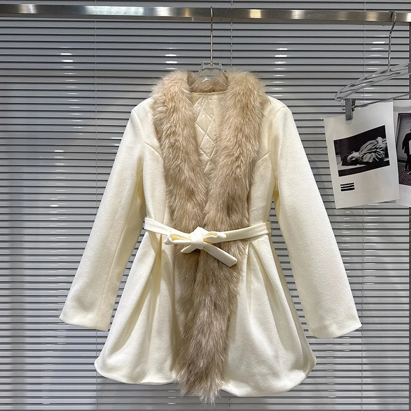 Winter New Fashion Fur Collar Belt Woolen Quilted Trench Coat For Women Elegant Warm Windbreaker Female 11A07810 beige One Size