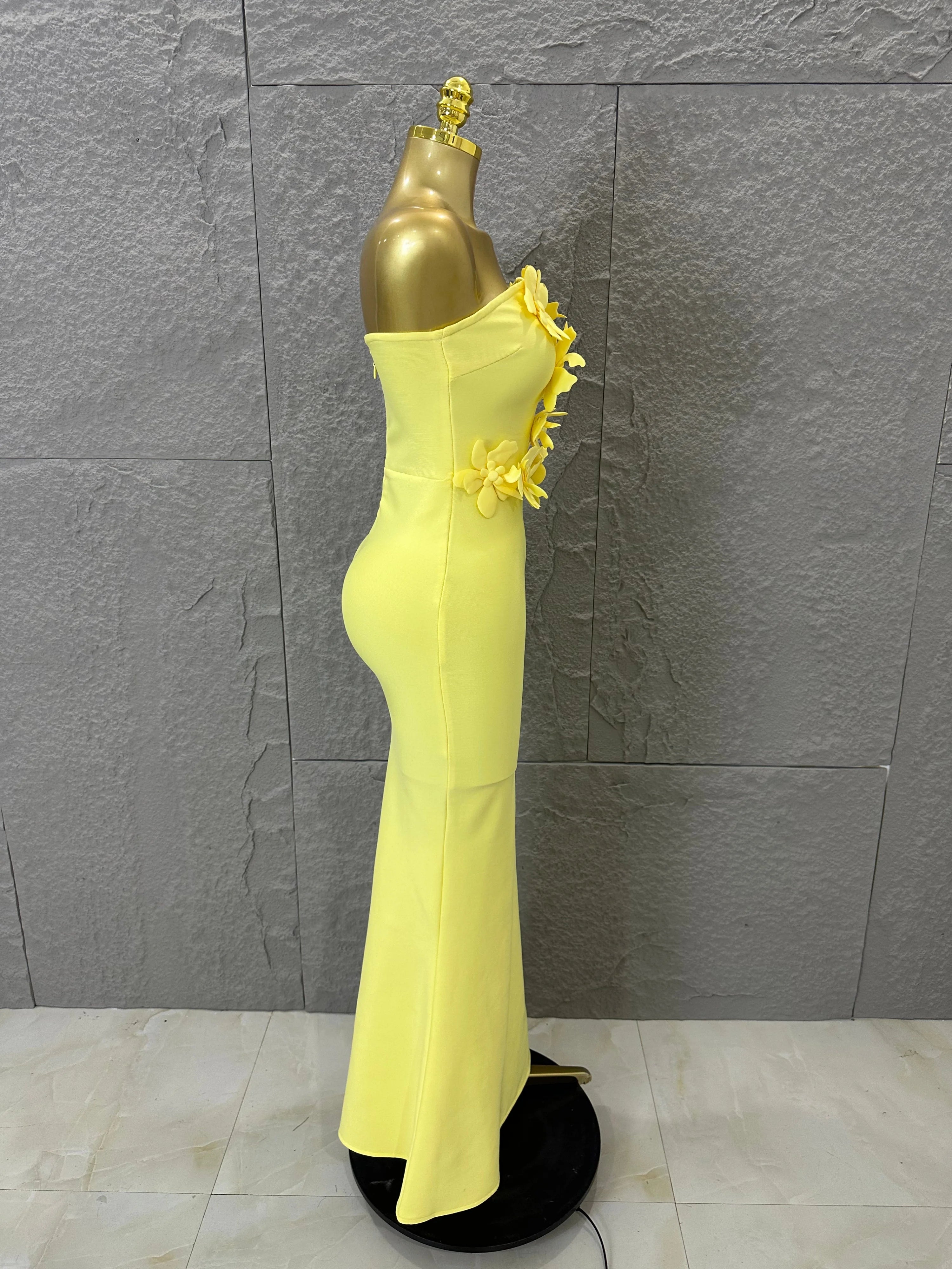 Elegant Yellow Strapless Sweetheart Neck Mermaid Dress 3D Flower Fitted Flare Hem Evening Birthday Gala Banquet Party Outfit