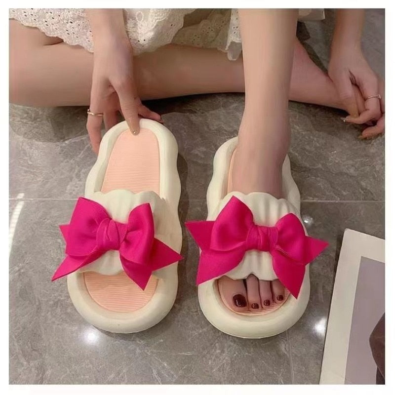 Slipper Women Men Summer Thick Bow Tie Slippers Women Indoor Home Sandals Couples Bathroom Slides Non-slip Soft House Slippers