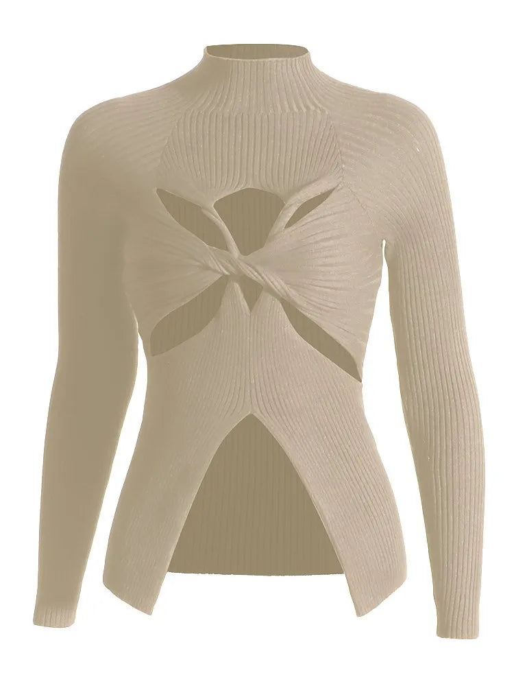 Slimming Crisscross Hollow Out Knitting Sweaters For Women Round Neck Long Sleeve Solid Casual Chic Sweater Female KHAKI