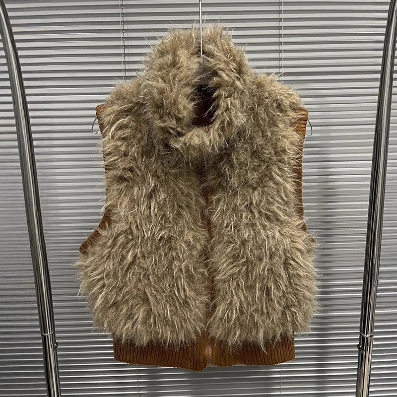 Autumn Winter New Versatile Style Sleeveless Simple Furry Vest For Women Stand Collar Zipper Sleeveless Coat 11A07567