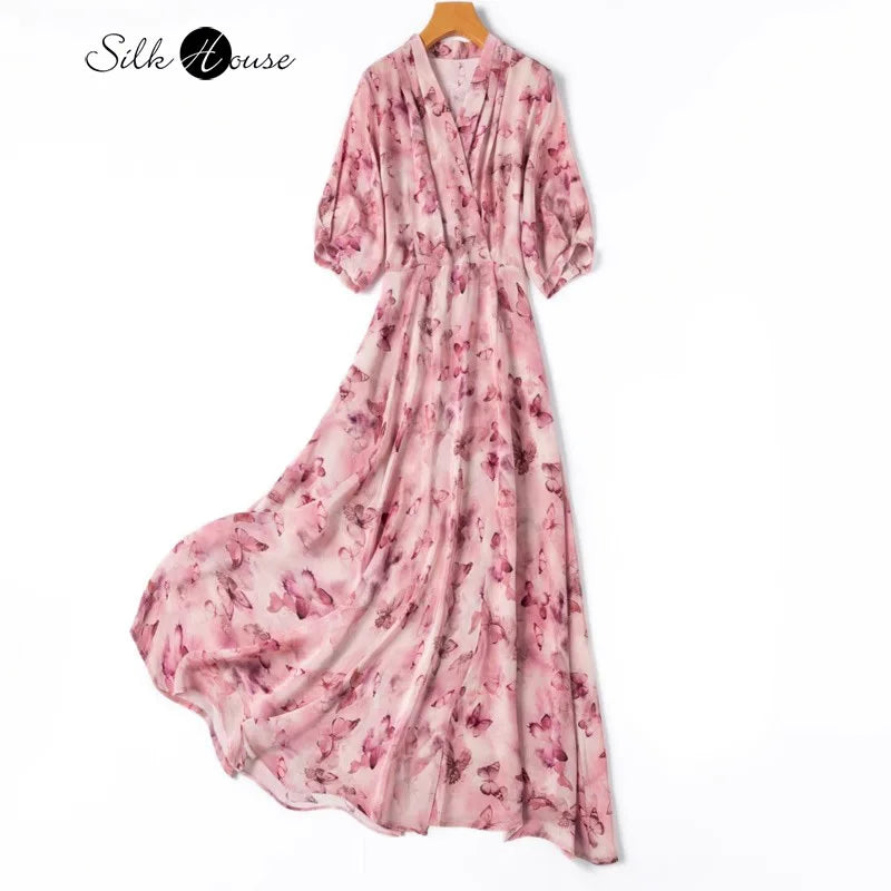 French Artistic Pink Purple Butterfly Printing 1.2-meter Extended Large Skirt Hem 100% Natural Mulberry Silk Women's Dress