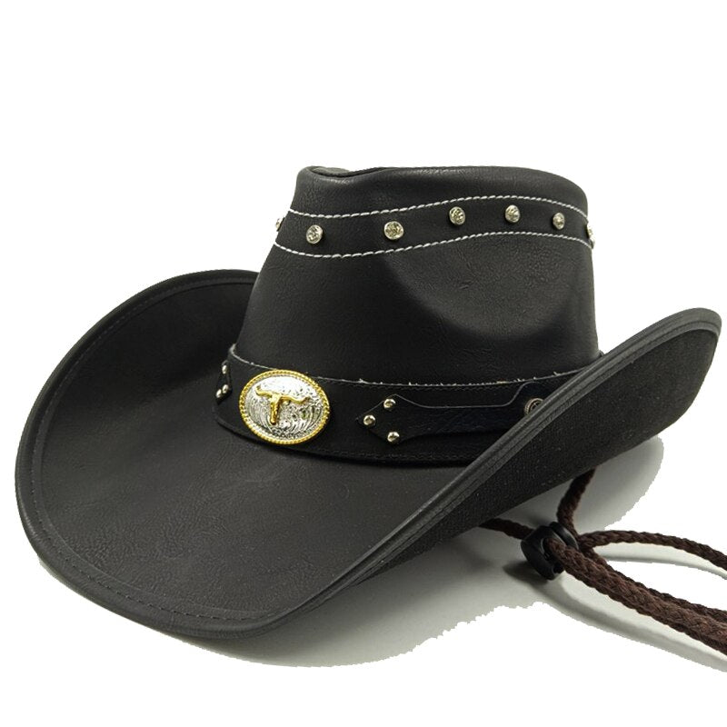 Retro Unisex Vintage Wide Brim Leather Cowboy Cowgirl Western Hat With Tassel Braid Leather Band Size 58-59CM 27 56-58cm