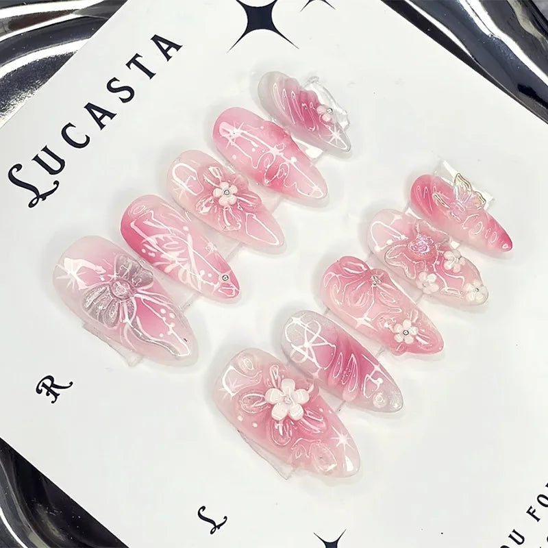 24pcs/30pcs/set Medium long 3D fake nails flowers golden foil bow rhinestones pink white summer nail tips press on false nails 2583