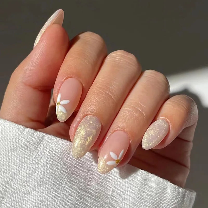 24Pcs Almond Green Press on Fake Nails with Glue Simple Oval Manicure Set Short Flowers Design False Nails Full Cover Nail Tips 1557