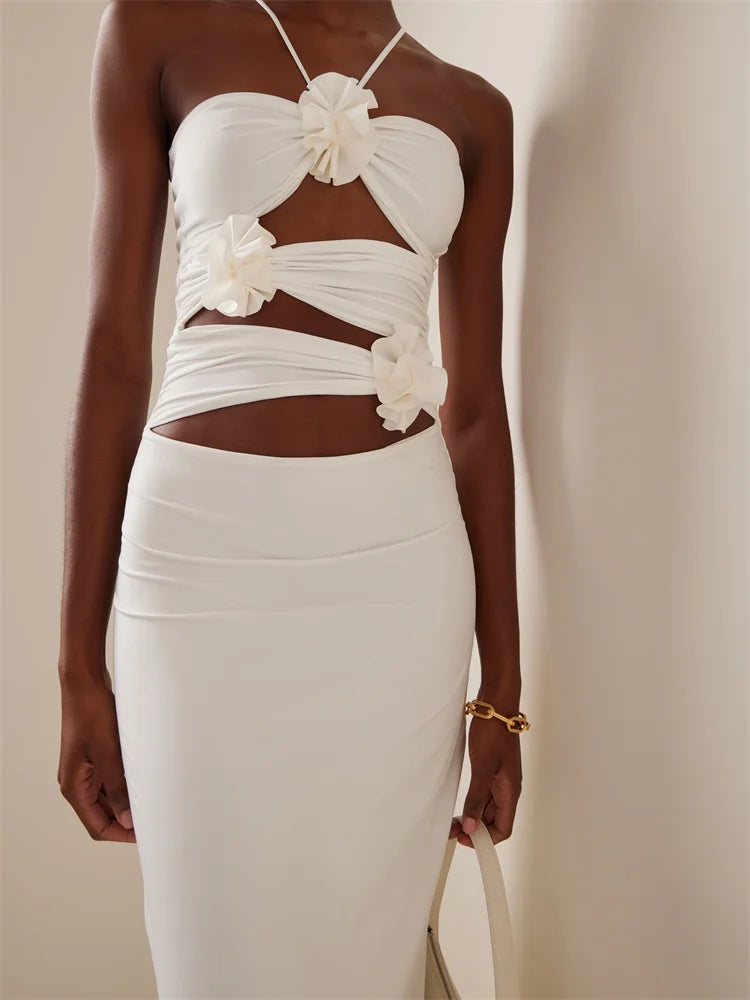 Women Sexy Halter Hollow Out 3D Flowers Long Dress Y2K Summer Off Shoulder Backless Bodycon Elegant Dresses Night Party Clubwear