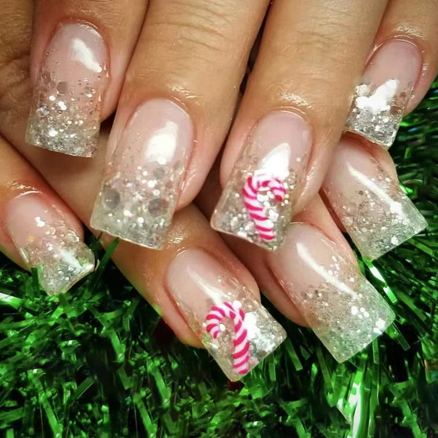 24pcs/set short fake nails for Christmas Square ballet winter false nail tips snow flakes christmas tree snowman press on nails 1645