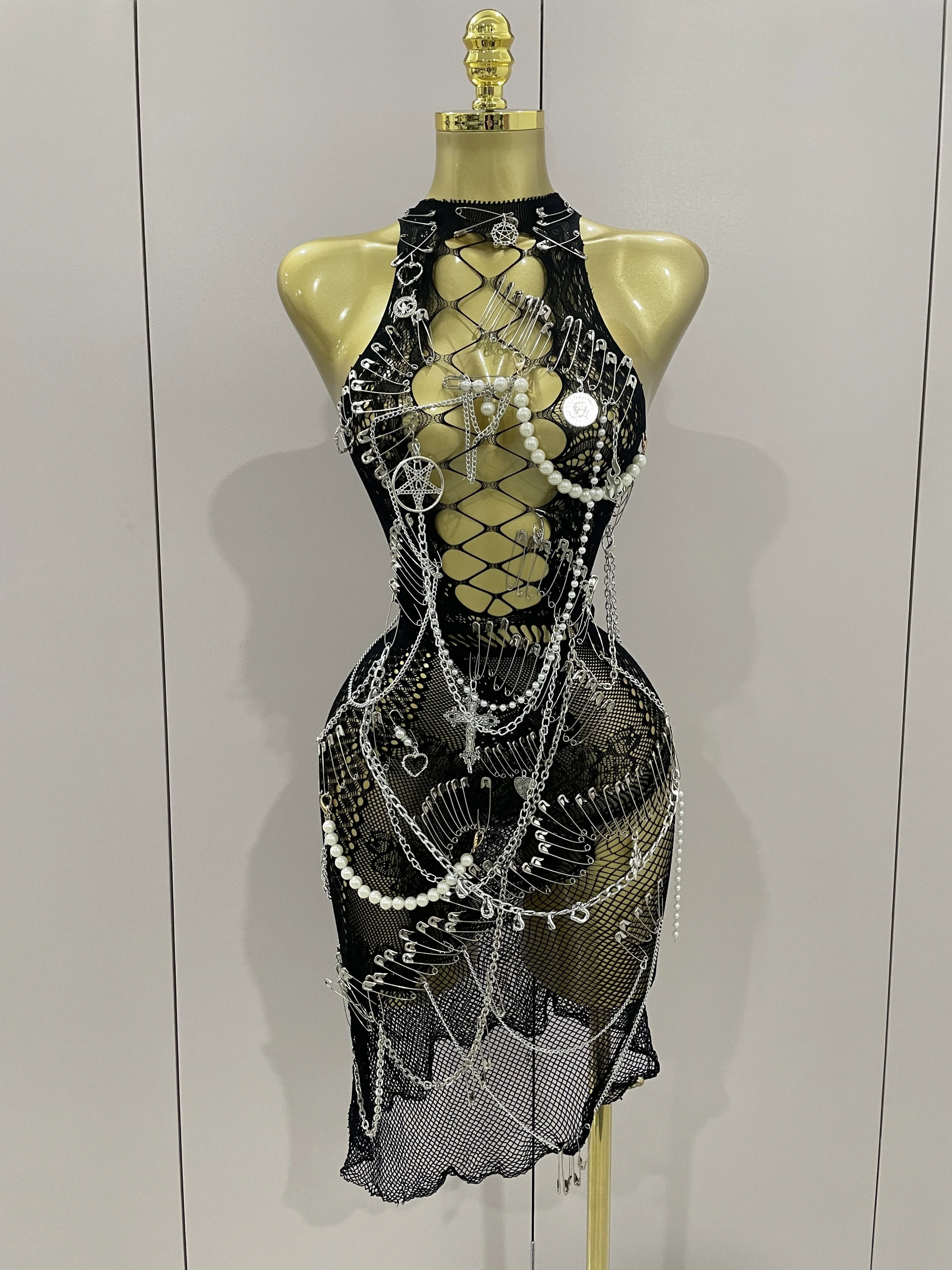 Sexy Black See-Through Pin Decoration Chain Beading Short Dress 2025 Women Birthday Evening Party Nightclub Performance Costume black