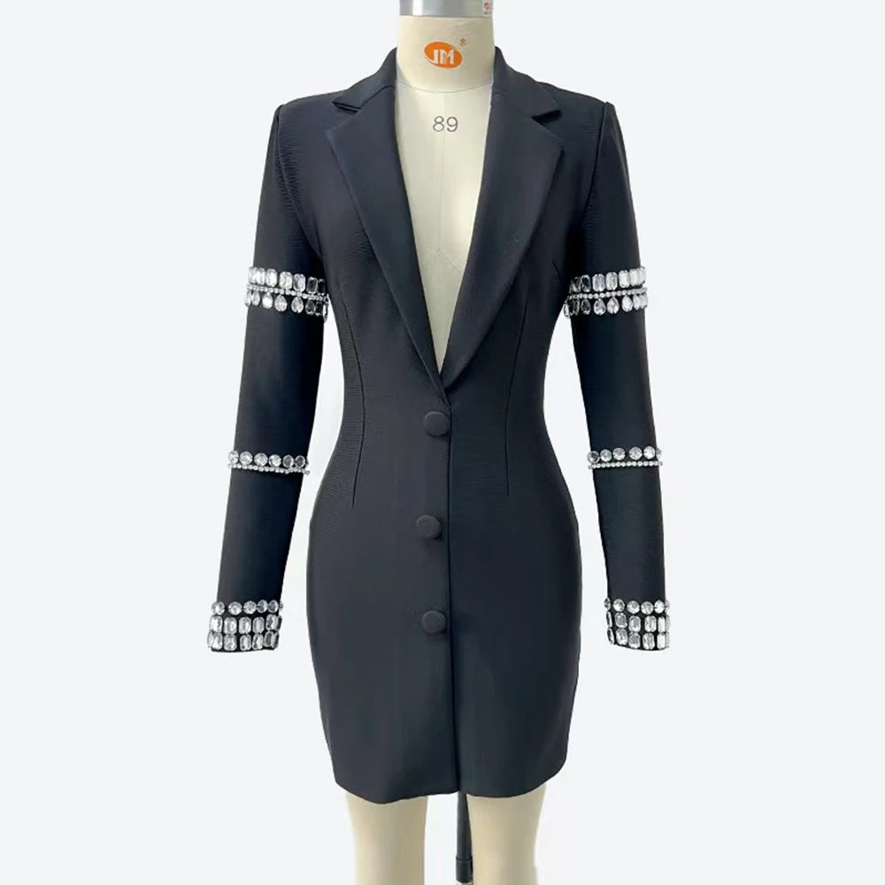 Solid Slimming Spliced Diamonds Dresses for Women Lapel Long Sleeves Patchwork Single Breasted Elegant Dress Female BLACK