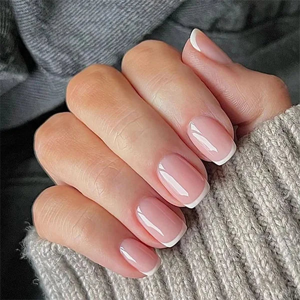 24Pcs Short Square Press on Fake Nails Simple Gradient White Nude Pink False Nails Wearable French Full Cover Nail Art Tips 3682