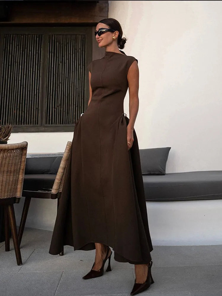 Elegant High Collar A-line Maxi Dress For Women Fashion Solid Pleated Slim Long Dresses 2024 New Lady Evening Party Prom Gowns Brown