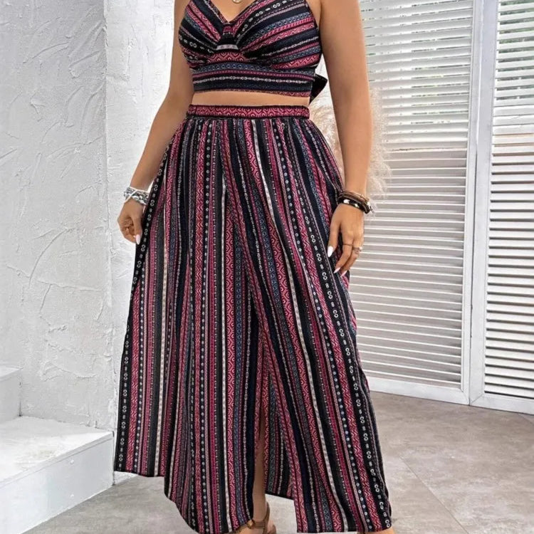 Plus Size Summer Striped Print 2 Two Piece Set Women Sexy Slim Ladies Cropped Sleeveless Slip Tops Split Loose Modis Woman Skirt