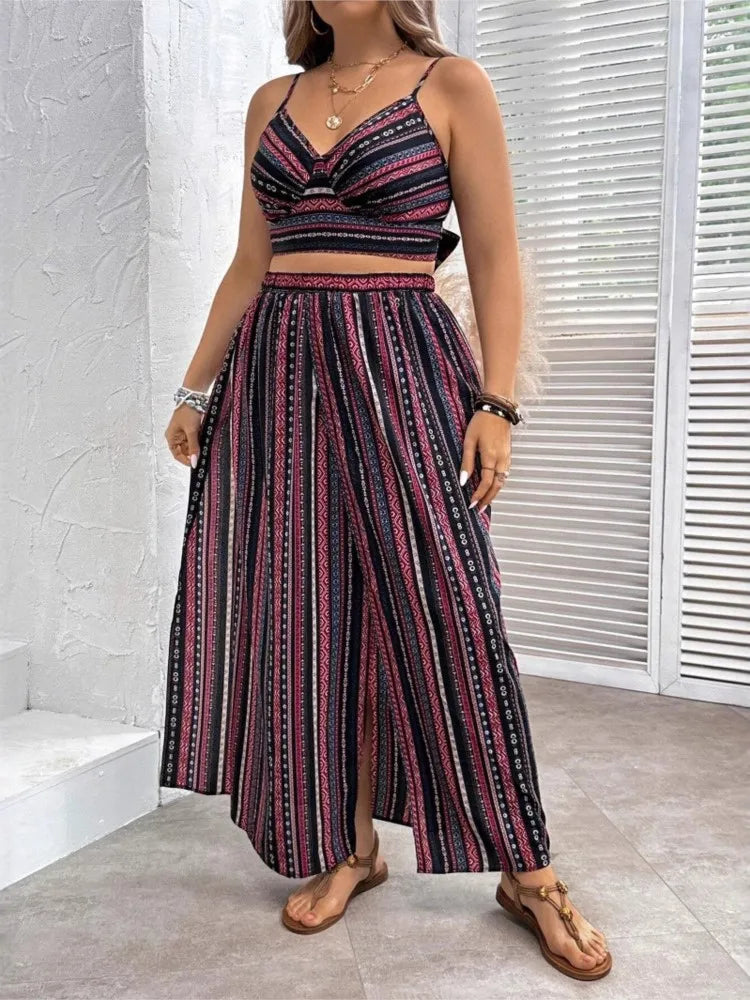 Plus Size Summer Striped Print 2 Two Piece Set Women Sexy Slim Ladies Cropped Sleeveless Slip Tops Split Loose Modis Woman Skirt