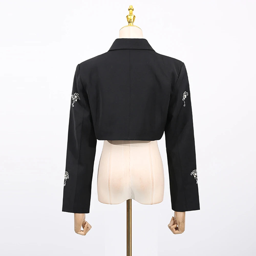 Solid Slimming Elegant Jackets for Women Lapel Long Sleeves Patchwork Bead Short Jacket Female Fashion Clothing New